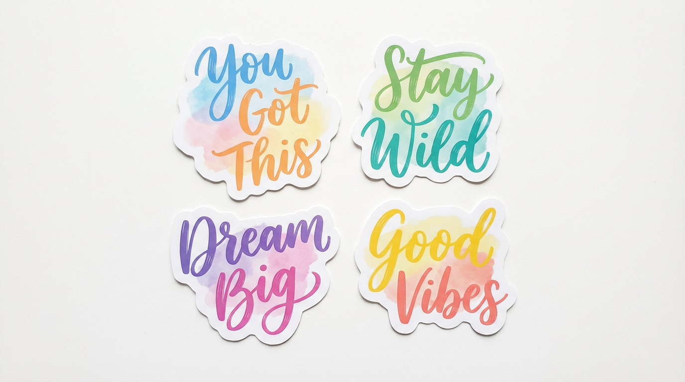 Motivational quote stickers with hand lettering typography including You Got This and Dream Big on watercolor backgrounds