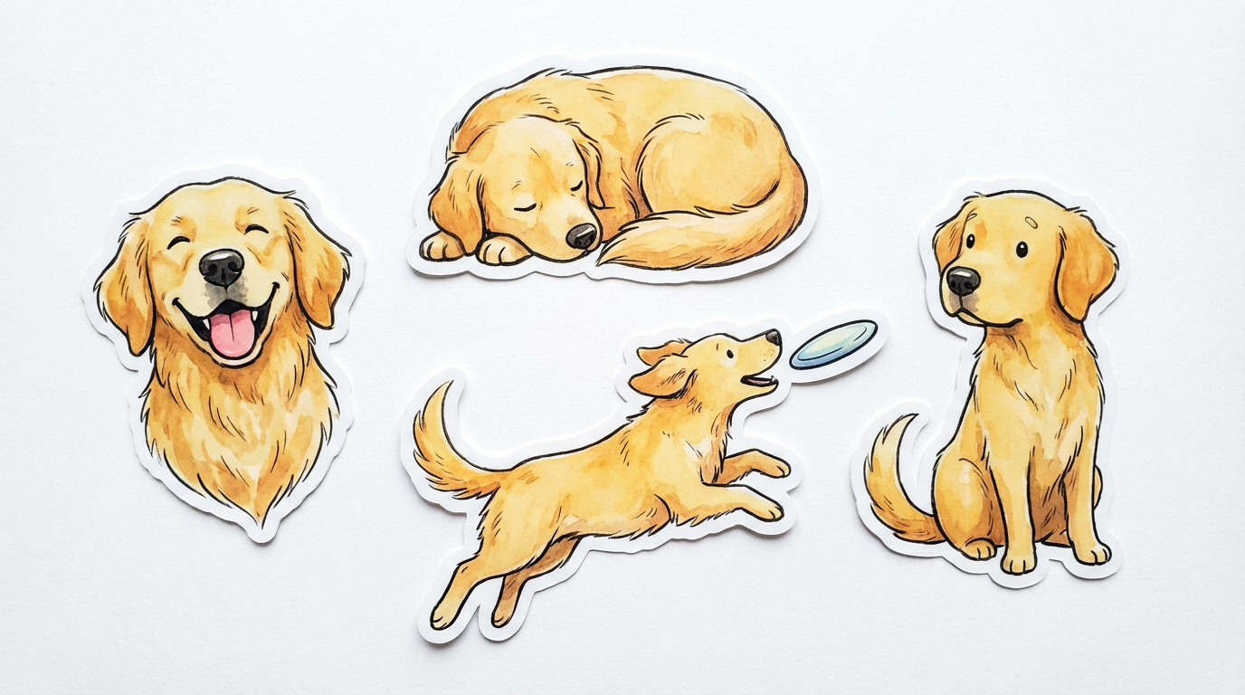 Custom pet portrait stickers of a golden retriever in different cute cartoon poses and expressions