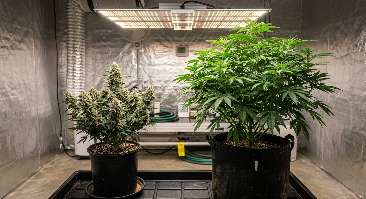 Autoflower (left) vs photoperiod (right) at comparable ages — the size difference is dramatic even before flowering.
