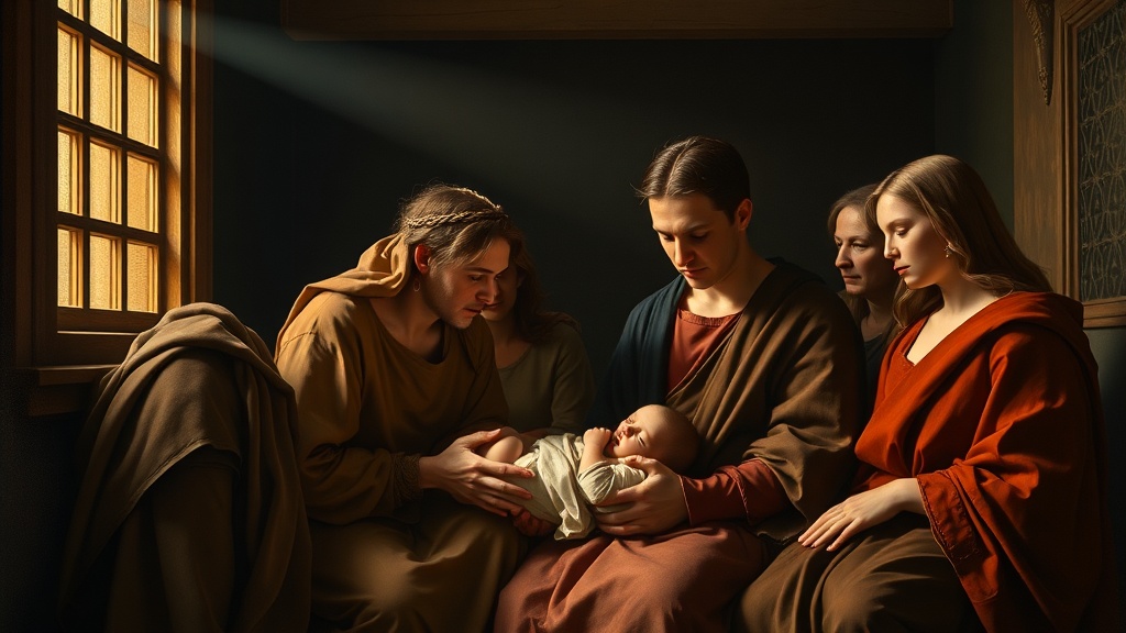 A contemplative family scene evoking sacred birth