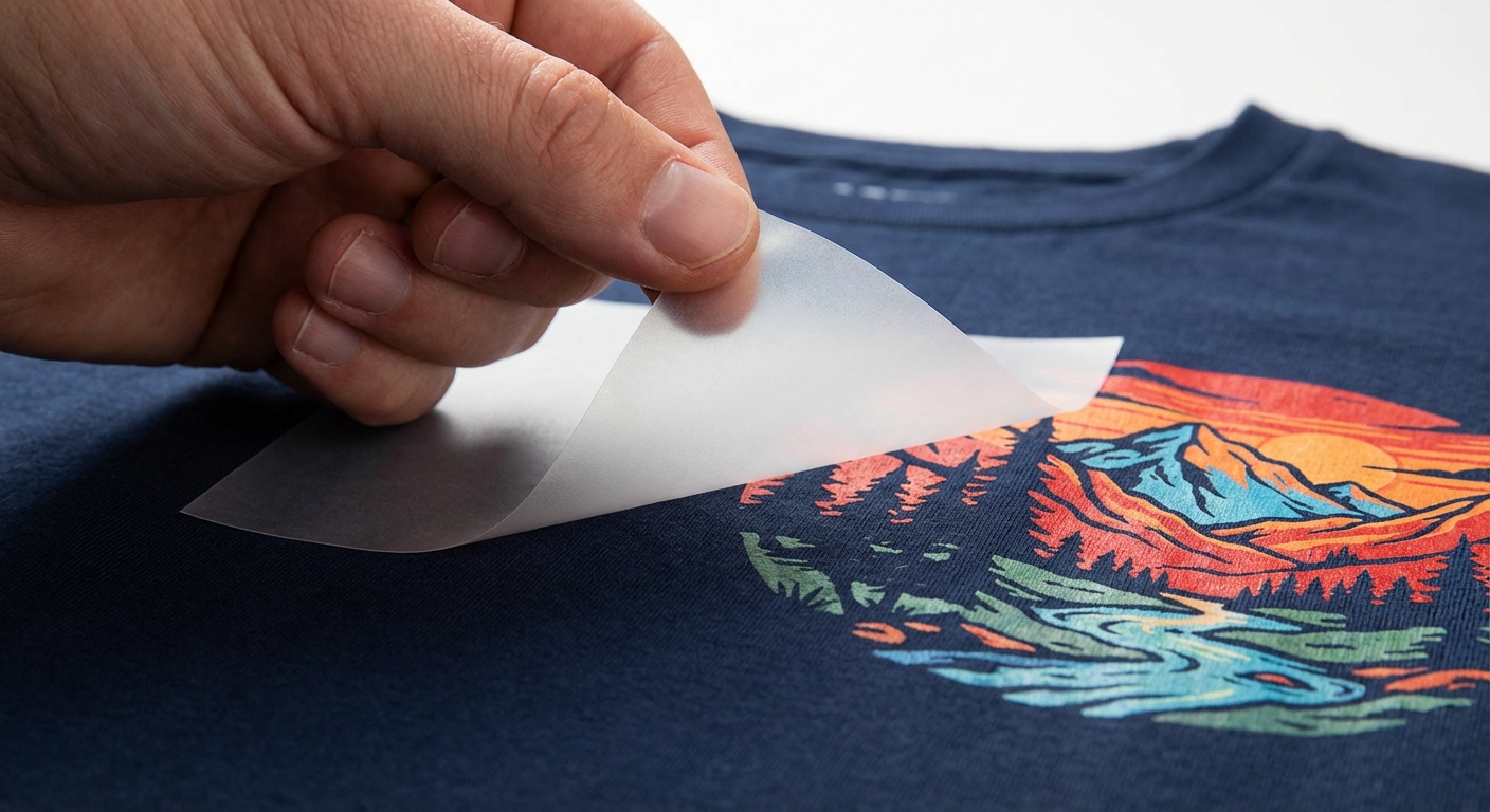 DTF transfer being peeled from film