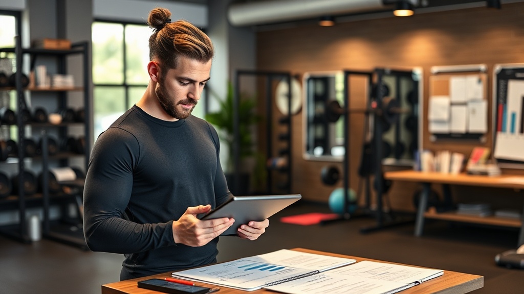 Professional fitness trainer reviewing training periodization charts and programs on tablet in moder