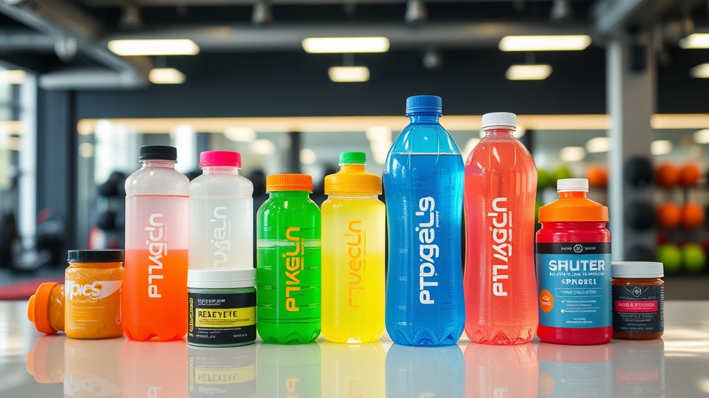 Colorful sports water bottles and electrolyte supplements arranged on gym counter, bright clean ligh