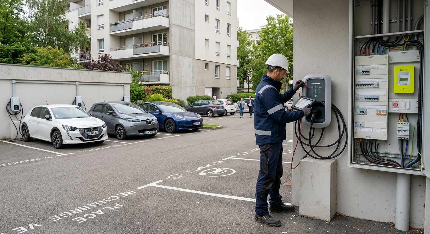 Borne de recharge électrique IRVE moderne installée dans un parking de copropriété avec un technicien en intervention
