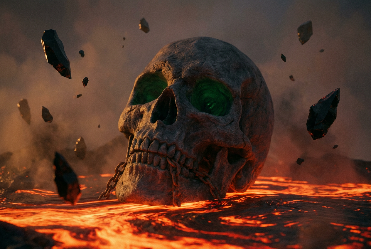 AI-generated death metal visual with morphing skulls and hellfire