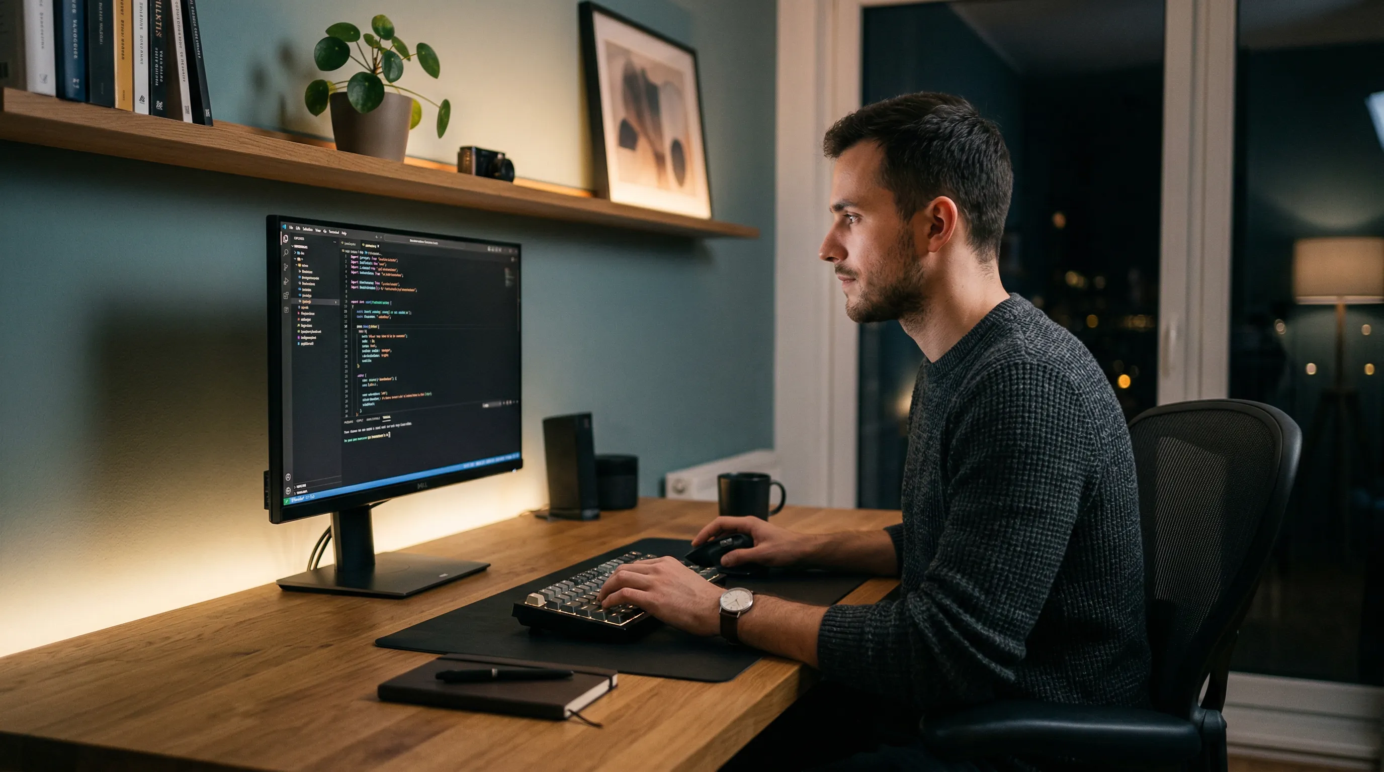 Sústredený používateľ pri počítači v realistickom lifestyle zábere pre tému lion's mane vs alpha-gpc