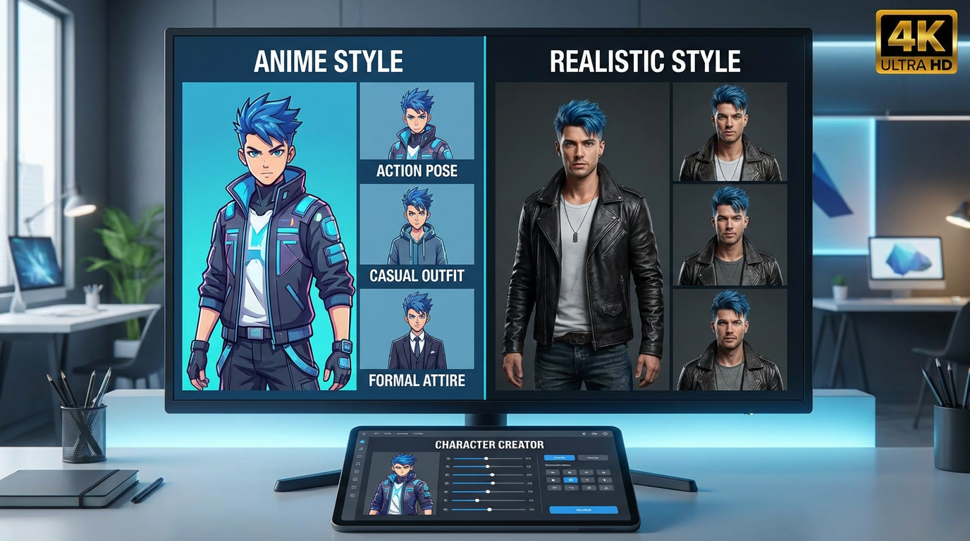 AI-generated character art with consistent character in multiple poses and styles