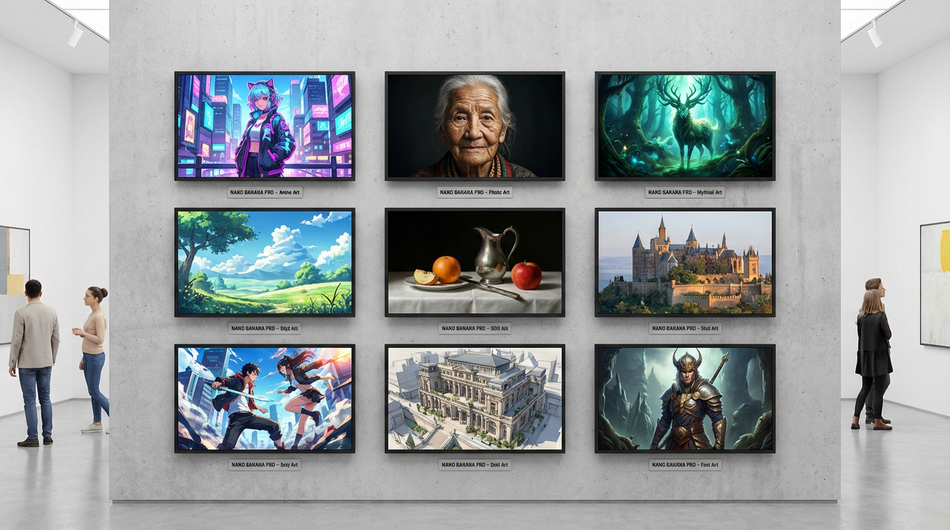 Gallery of diverse AI artworks in anime, realistic, and fantasy styles by Nano Banana Pro