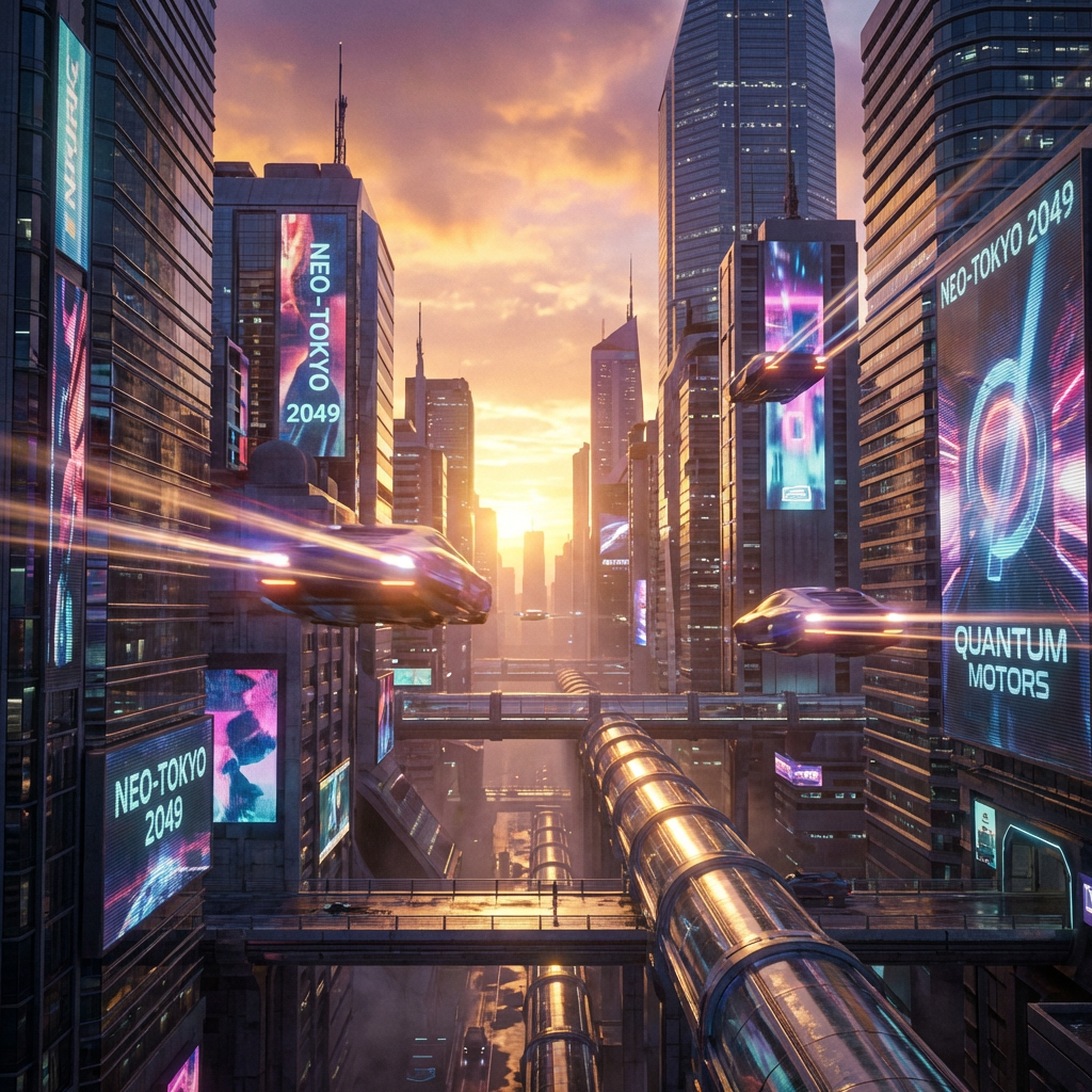 Stunning cinematic AI-generated futuristic city scene at sunset in 4K quality