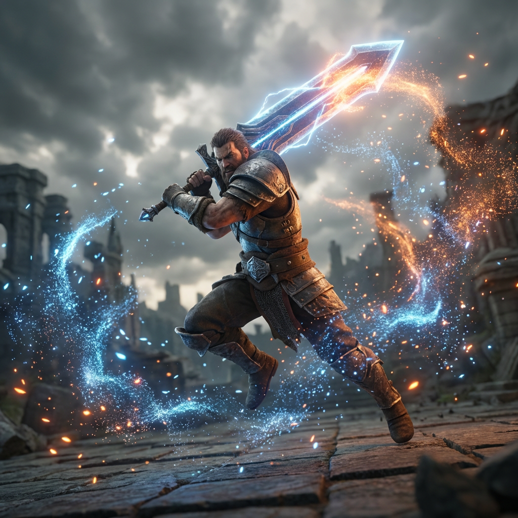 Professional AI-generated character animation with cinematic camera angle and particle effects