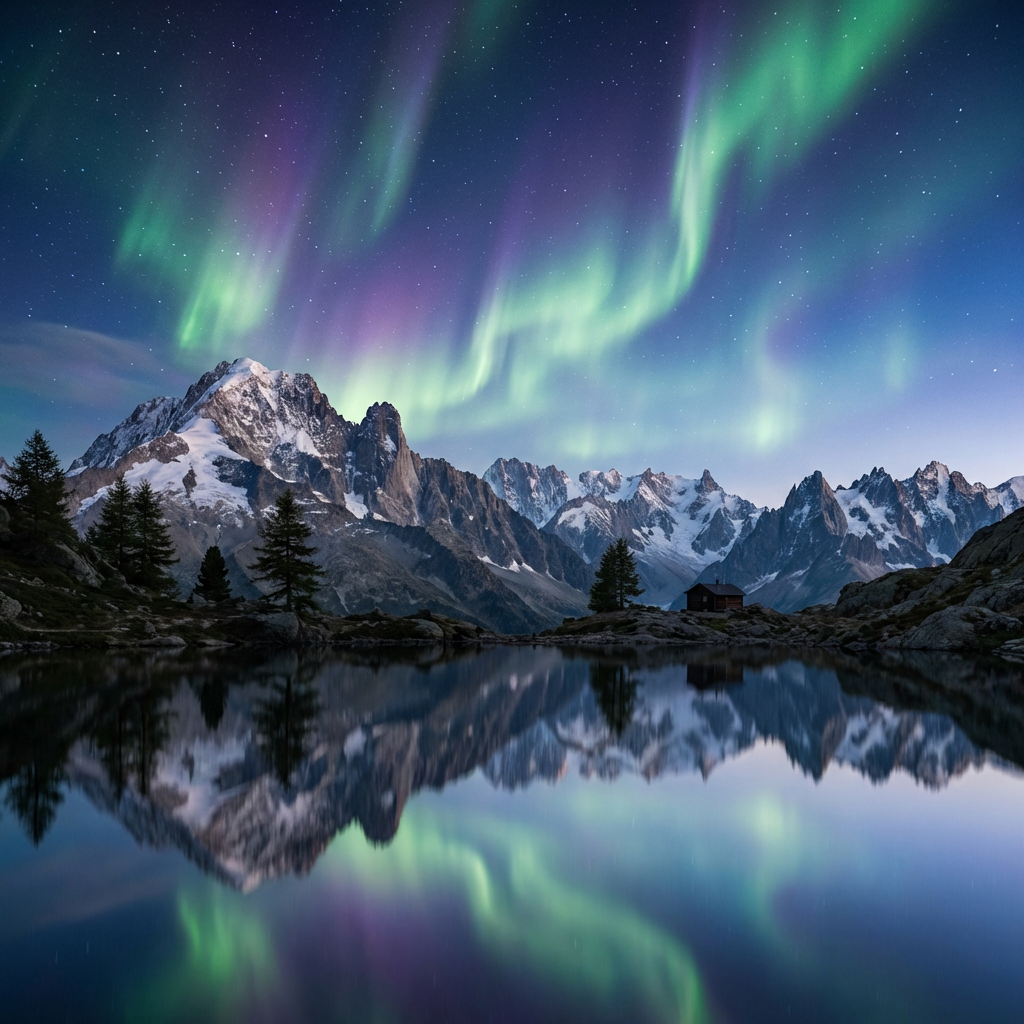 Beautiful AI-generated landscape with mountains and aurora borealis in photorealistic quality