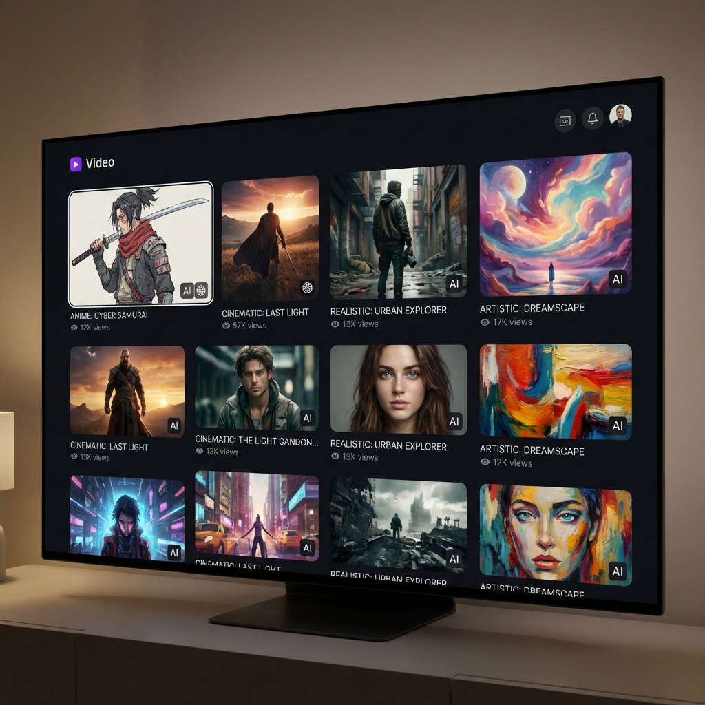 Gallery of diverse AI-generated video thumbnails in multiple artistic styles