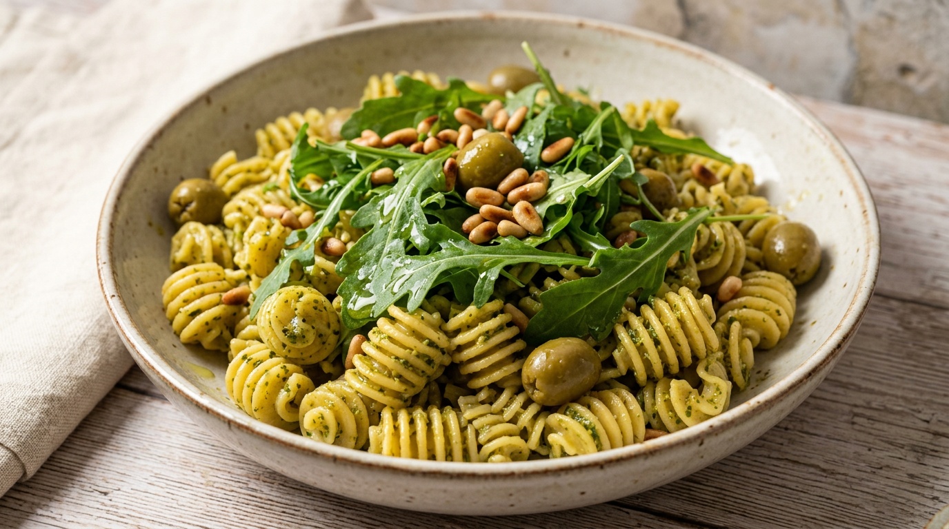 Salade de pâtes au pesto, olives et pignons