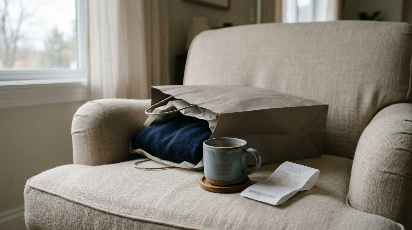 A quiet still life representing the emotional letdown after a justified impulse purchase