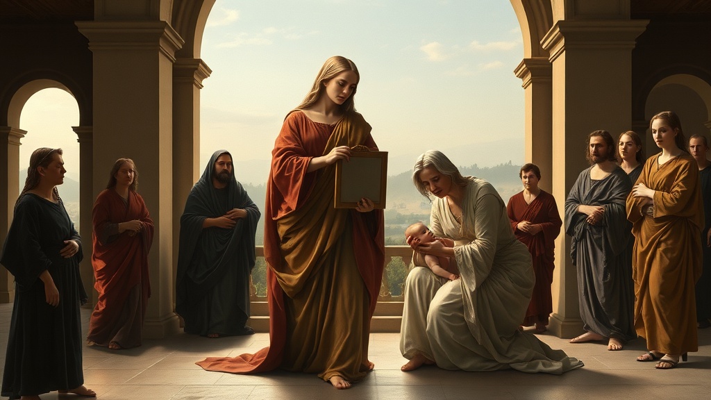 An allegorical Renaissance scene contrasting outward vanity with humble service