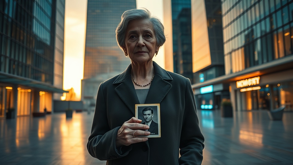 A cinematic portrait of an older woman holding a photograph, evoking memory and quiet dignity
