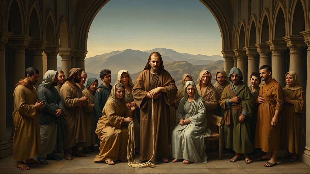 A contemplative, da Vinci-style scene symbolizing solidarity and justice among workers