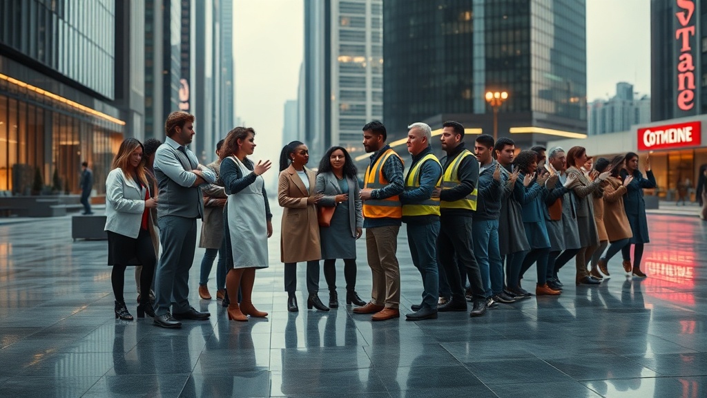 A photorealistic urban scene of diverse workers standing in solidarity in a modern plaza