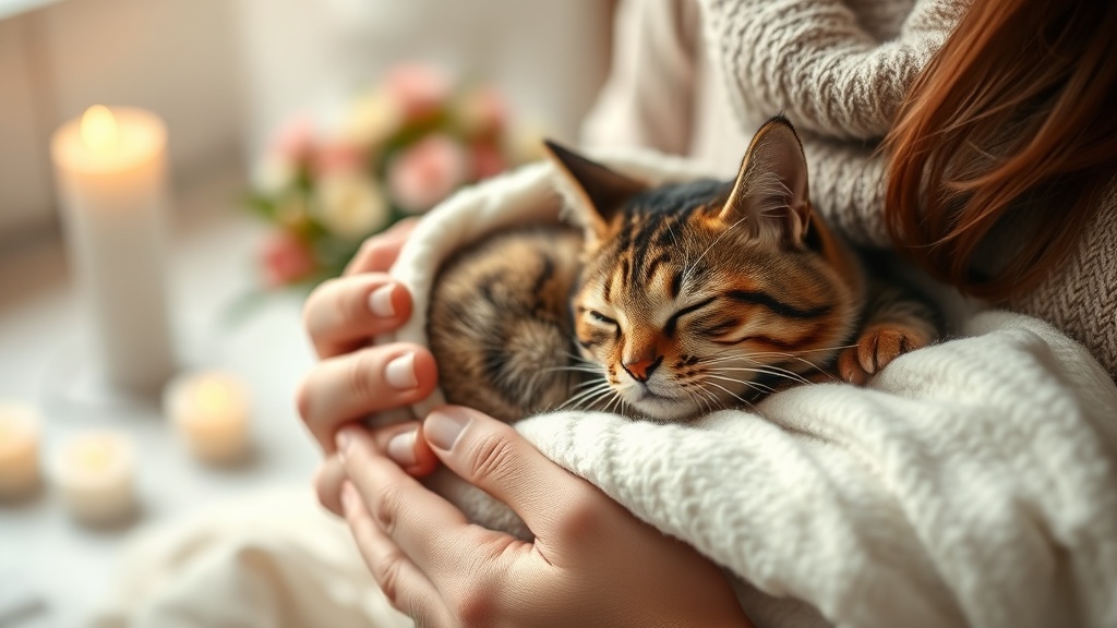 白いブランケットに包まれた猫を優しく抱きかかえる人の手、背景にはキャンドルと花が見える温かい室内の様子