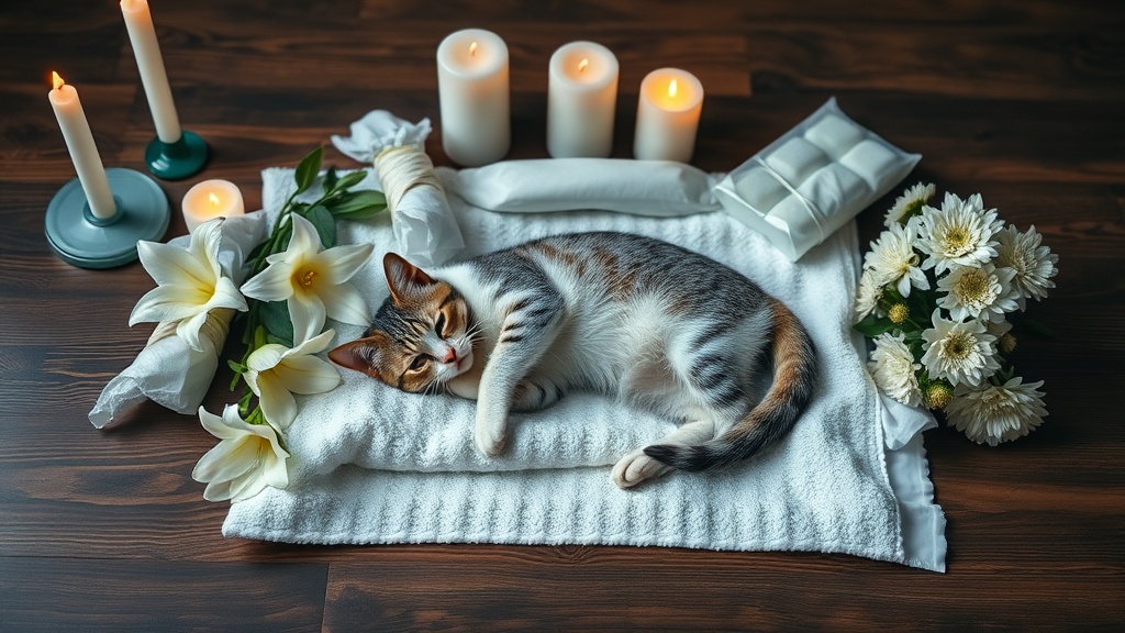 白いタオルに安置された猫の遺体と氷枕、献花用の白い花とキャンドルによる丁寧な安置方法の例