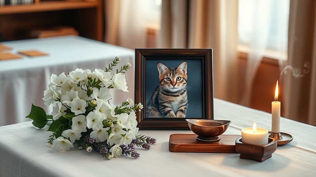 猫の火葬後の追悼祭壇の様子。写真立て、骨壷、白い花、キャンドルが丁寧に配置された温かみのある空間