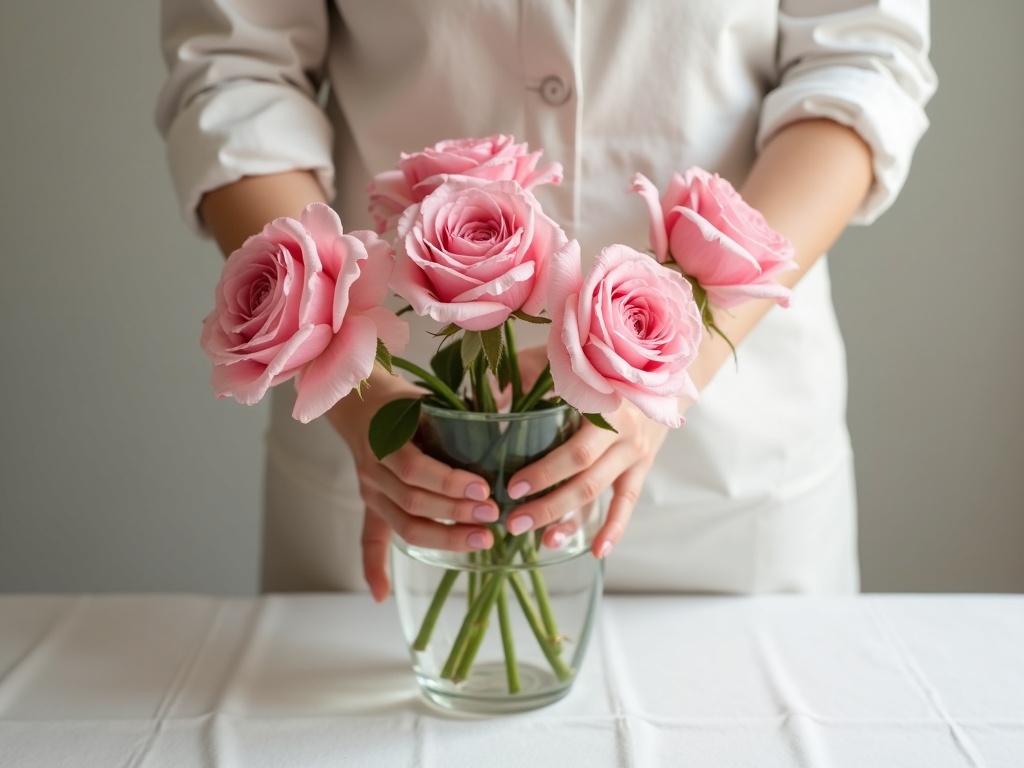 Florist hands arranging pink garden roses in glass vase