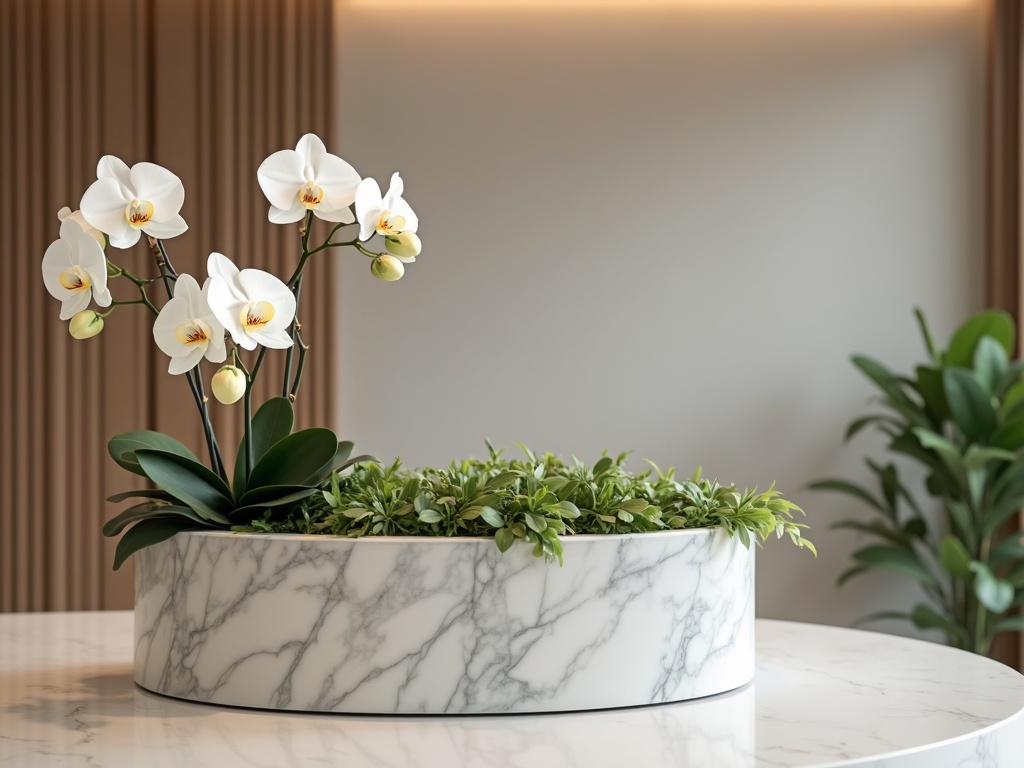 Corporate office reception white orchid and greenery arrangement