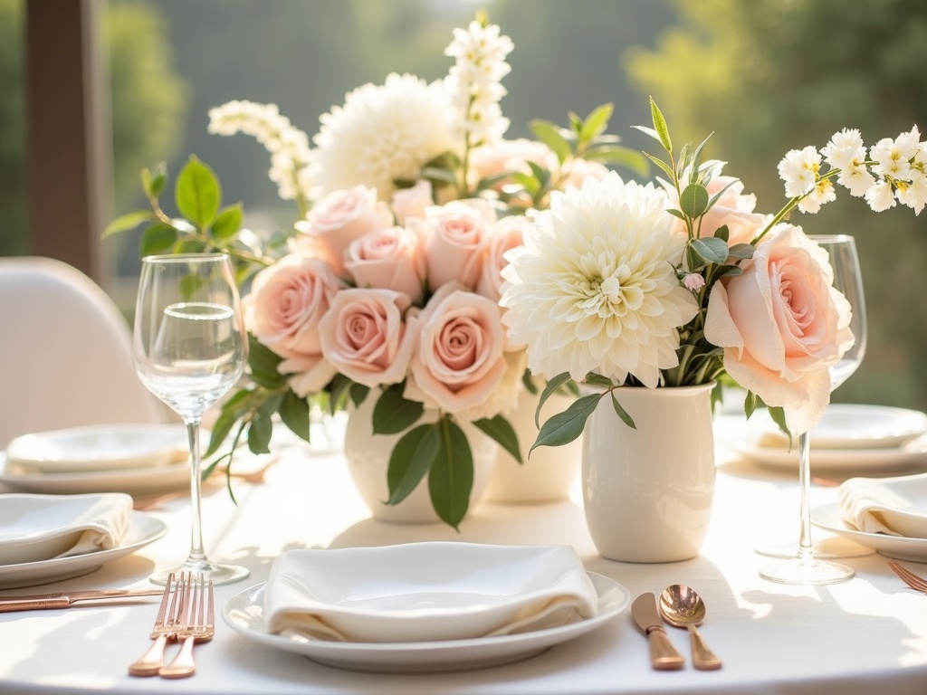 Elegant baby shower blush and white floral table arrangement