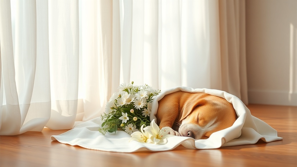 白い布に包まれて安らかに眠る犬と白い花束が置かれた穏やかなペット供養の室内風景