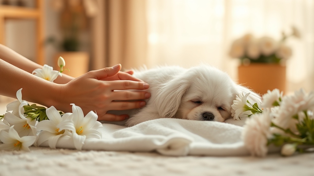 白い花に囲まれて安らかに眠る白い小型犬と優しく見守る飼い主の手