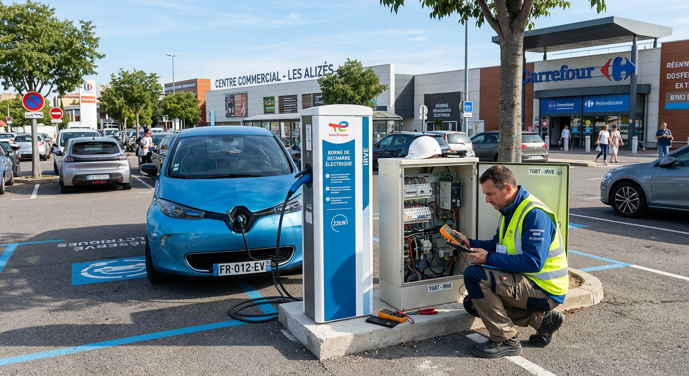 Borne de recharge électrique IRVE dans un parking commercial avec un technicien vérifiant le tableau électrique lors de l'installation en copropriété.