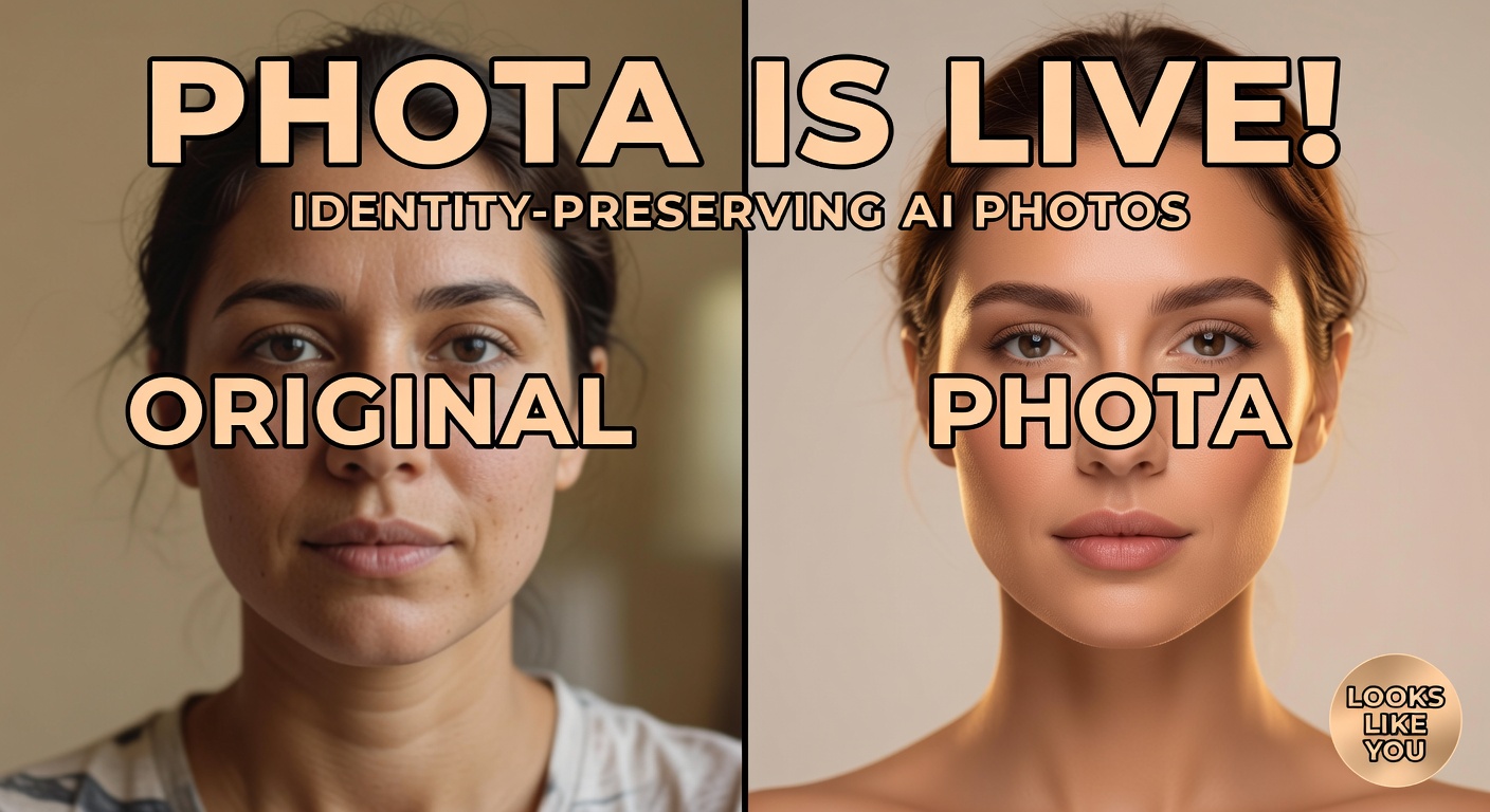YouTube thumbnail style hero image for Phota launch showing identity-preserving photo editing and generation