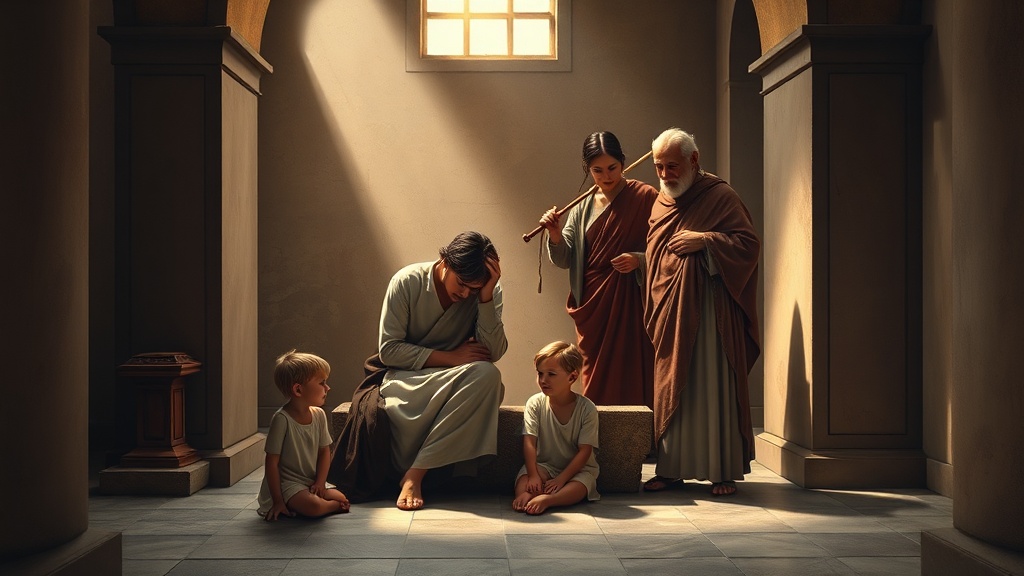 Allegorical family grief scene