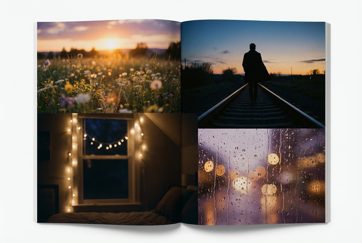 Dreamy indie visual mood board with warm golden tones