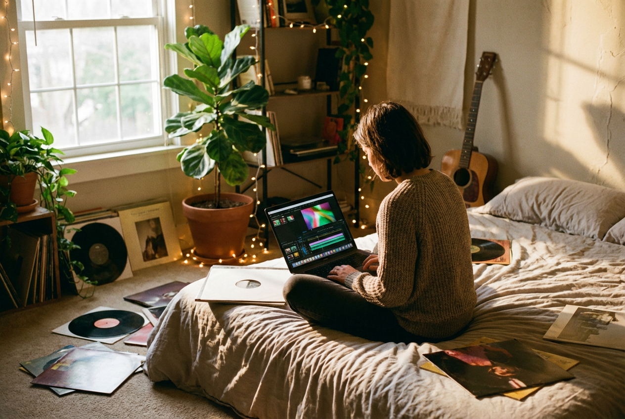 Indie musician creating AI music video on laptop in bedroom studio