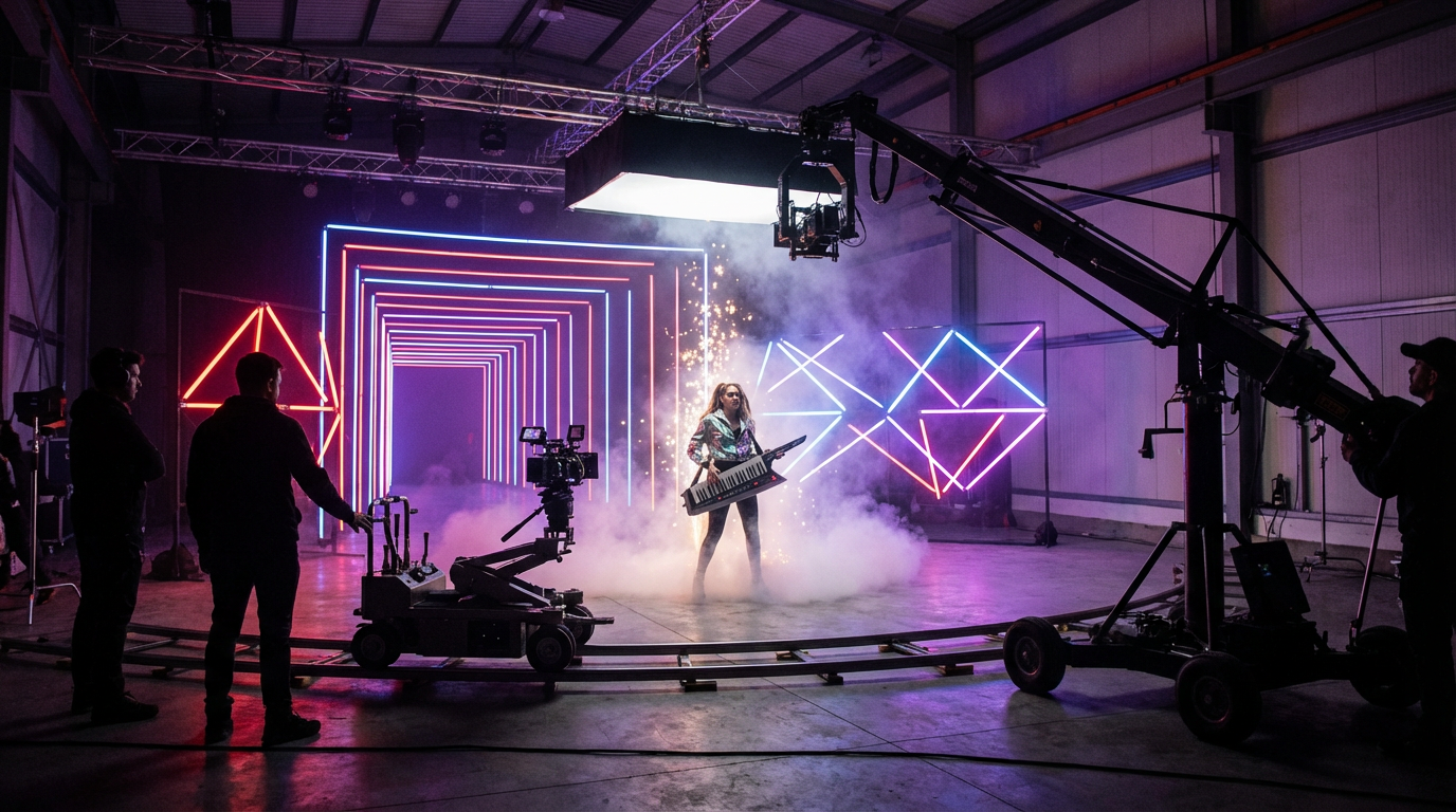 AI-generated cinematic music video scene with neon lights and dynamic camera movement in 4K quality