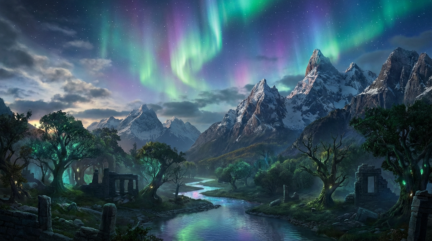 Beautiful AI-generated fantasy landscape with magical aurora and mountains