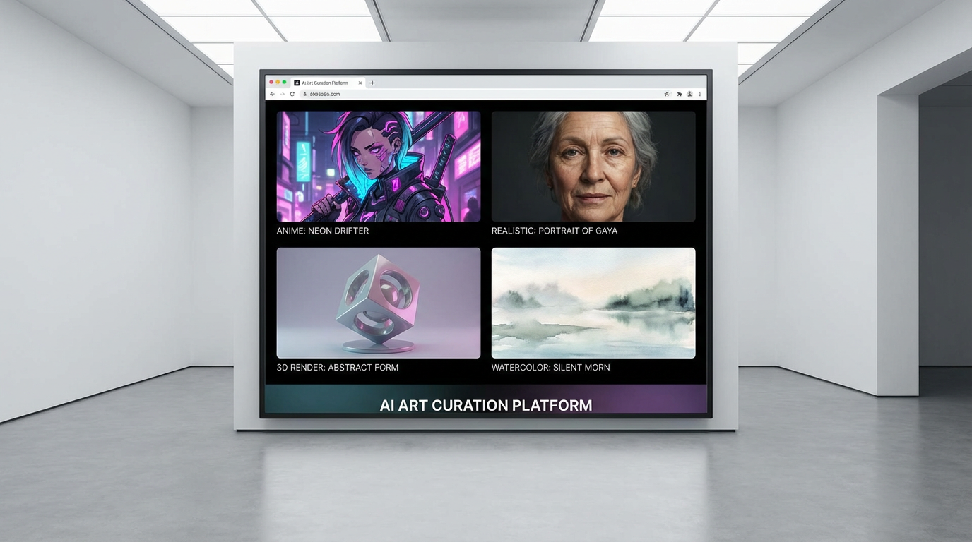 Gallery of diverse AI-generated artworks in multiple styles displayed on modern creative platform