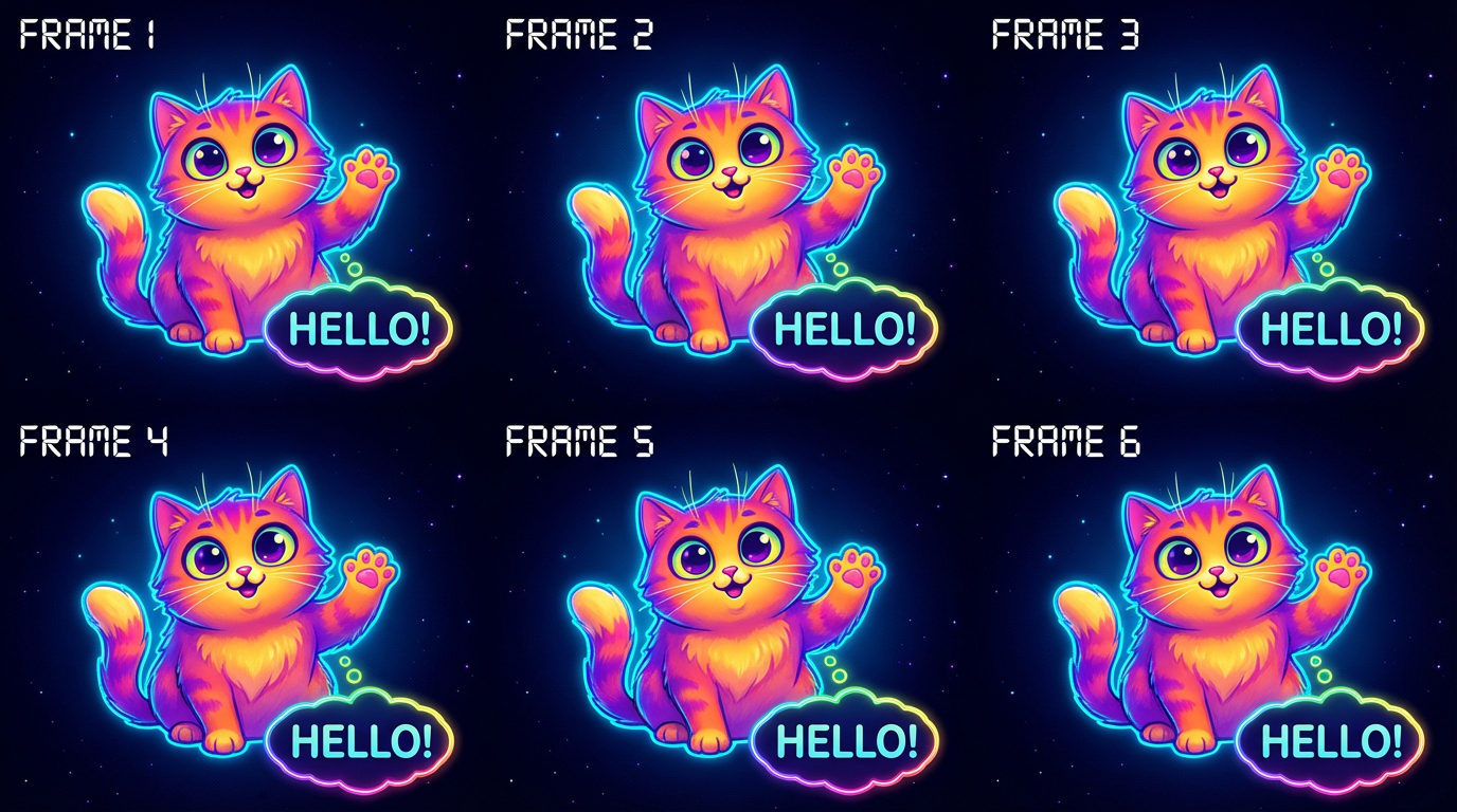 Colorful animated GIF sequence showing a cute cat waving hello, looping animation frames on dark background