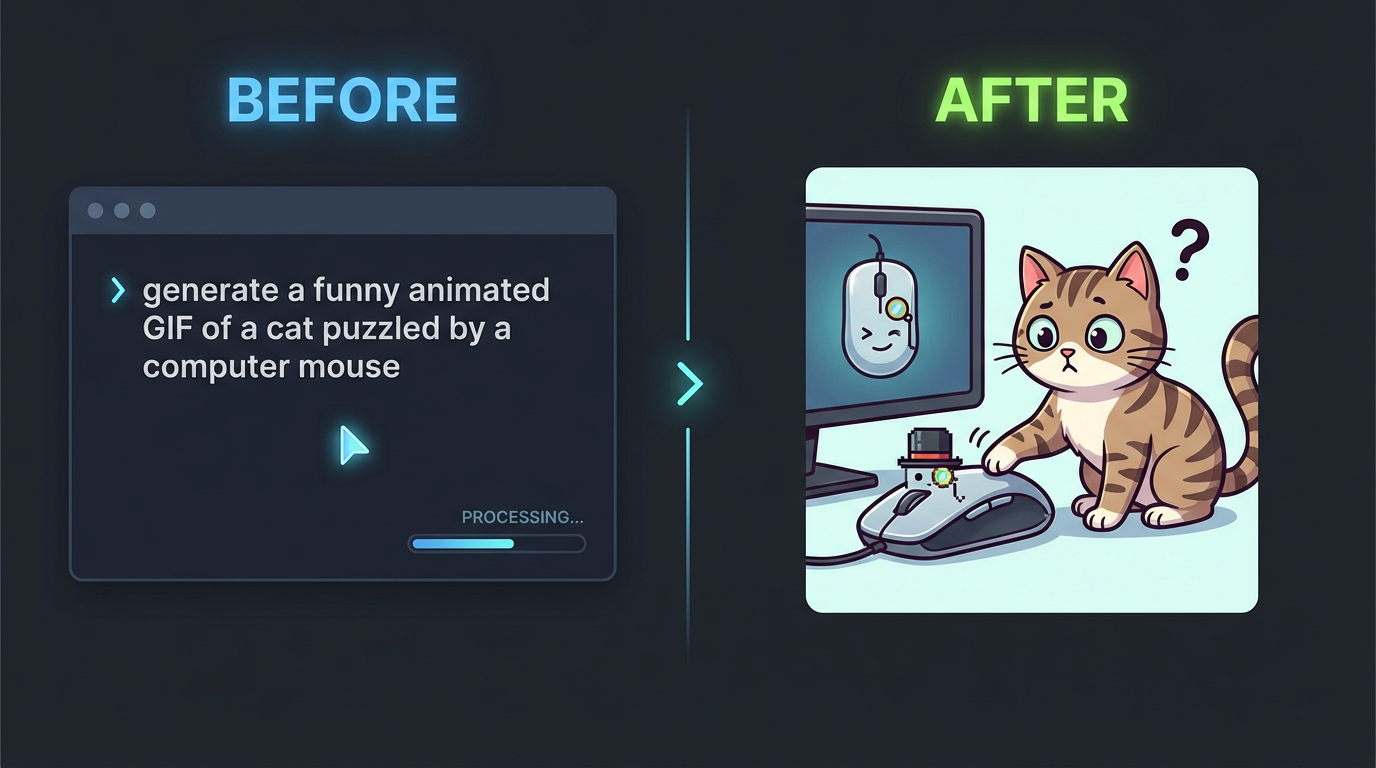 Before and after showing text prompt transforming into animated GIF on modern dark UI
