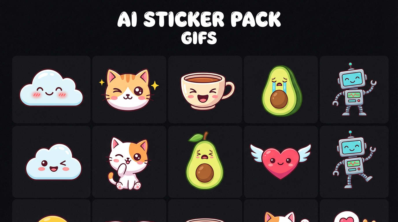 Collection of AI-generated animated stickers and GIFs for messaging apps with kawaii aesthetic