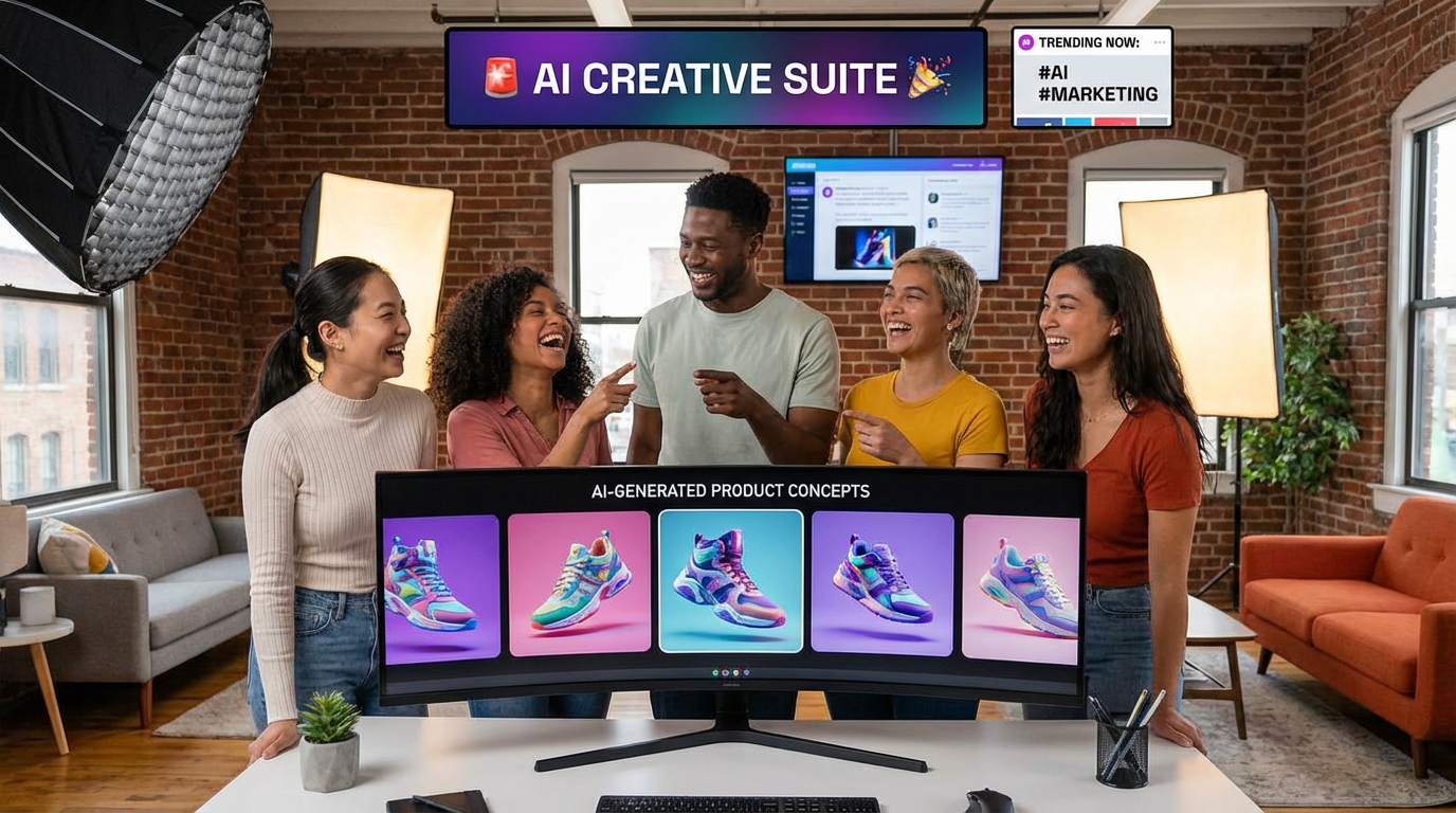 Marketing team viewing AI-generated product GIFs with animated banner ads and social content