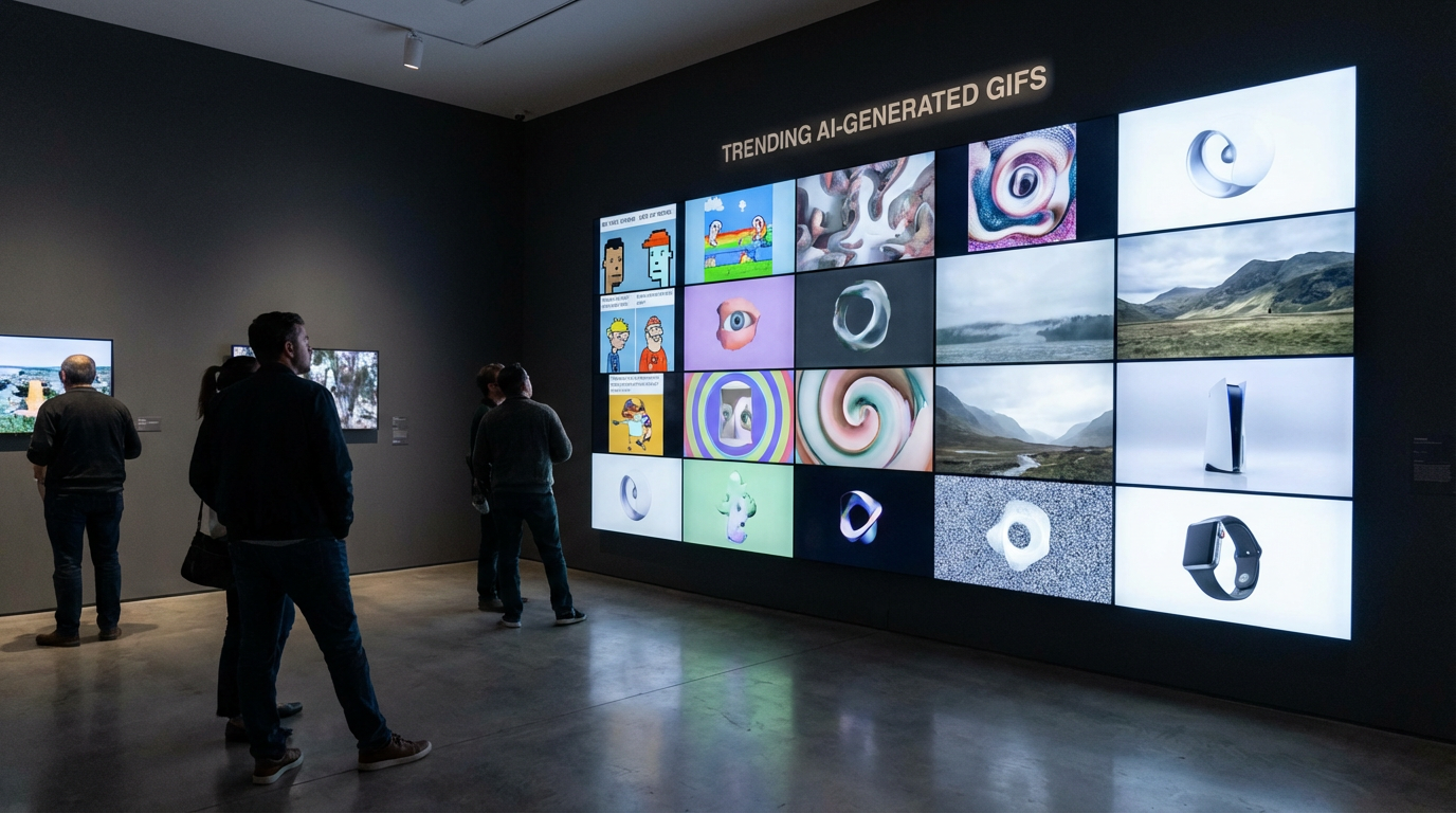 Grid of trending AI-generated GIFs in various styles including memes, reactions, and art loops