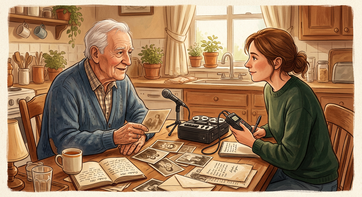 Editorial-style illustration of an adult child recording a grandfather’s memories at a kitchen table, surrounded by old ph...