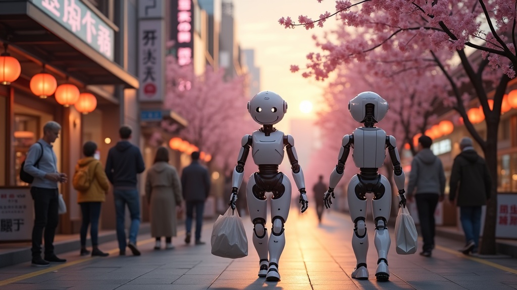 Robot humanoide de la IA Física Japón interactuando en un entorno comercial