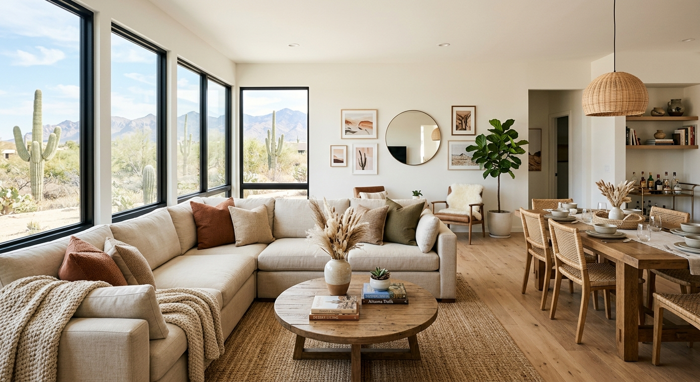 Modern photorealistic interior of a bright Scottsdale rental living room with a cozy sectional sofa, large windows, desert...