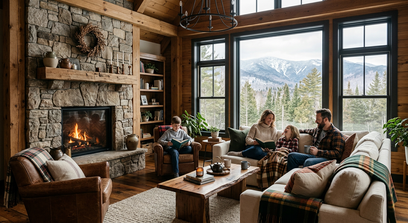 A modern rustic cabin interior in the White Mountains with large windows, soft natural light, stone fireplace, wood beams,...