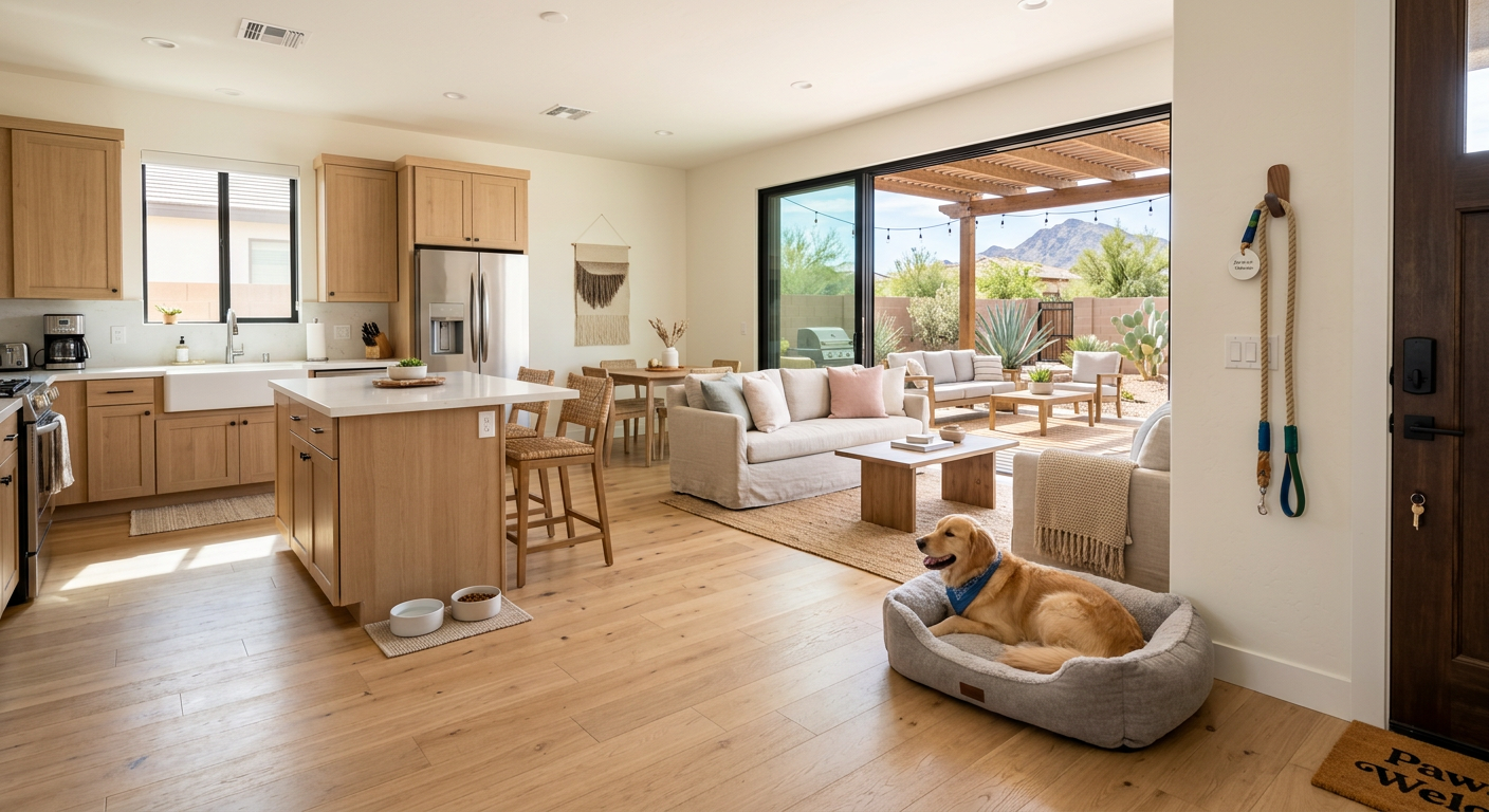 Photorealistic interior scene of a modern pet-friendly vacation rental in Scottsdale or Phoenix, with a dog bed, leash by ...