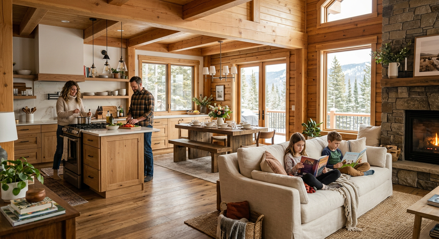 A bright, inviting family cabin interior with a living room, kitchen, and dining area visible in one open layout, children...