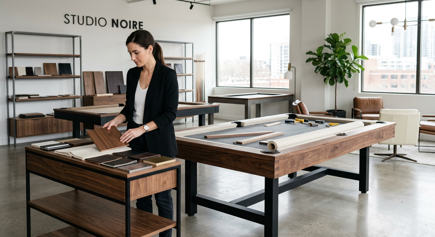 Interior scene of a designer selecting wood and finish samples beside a luxury billiard table in progress, photorealistic ...